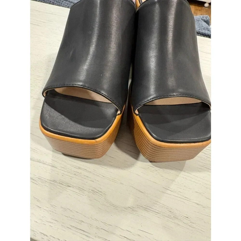 Sun + Stone Black Platform Mule Sandals with Tan Wood-Look Heel